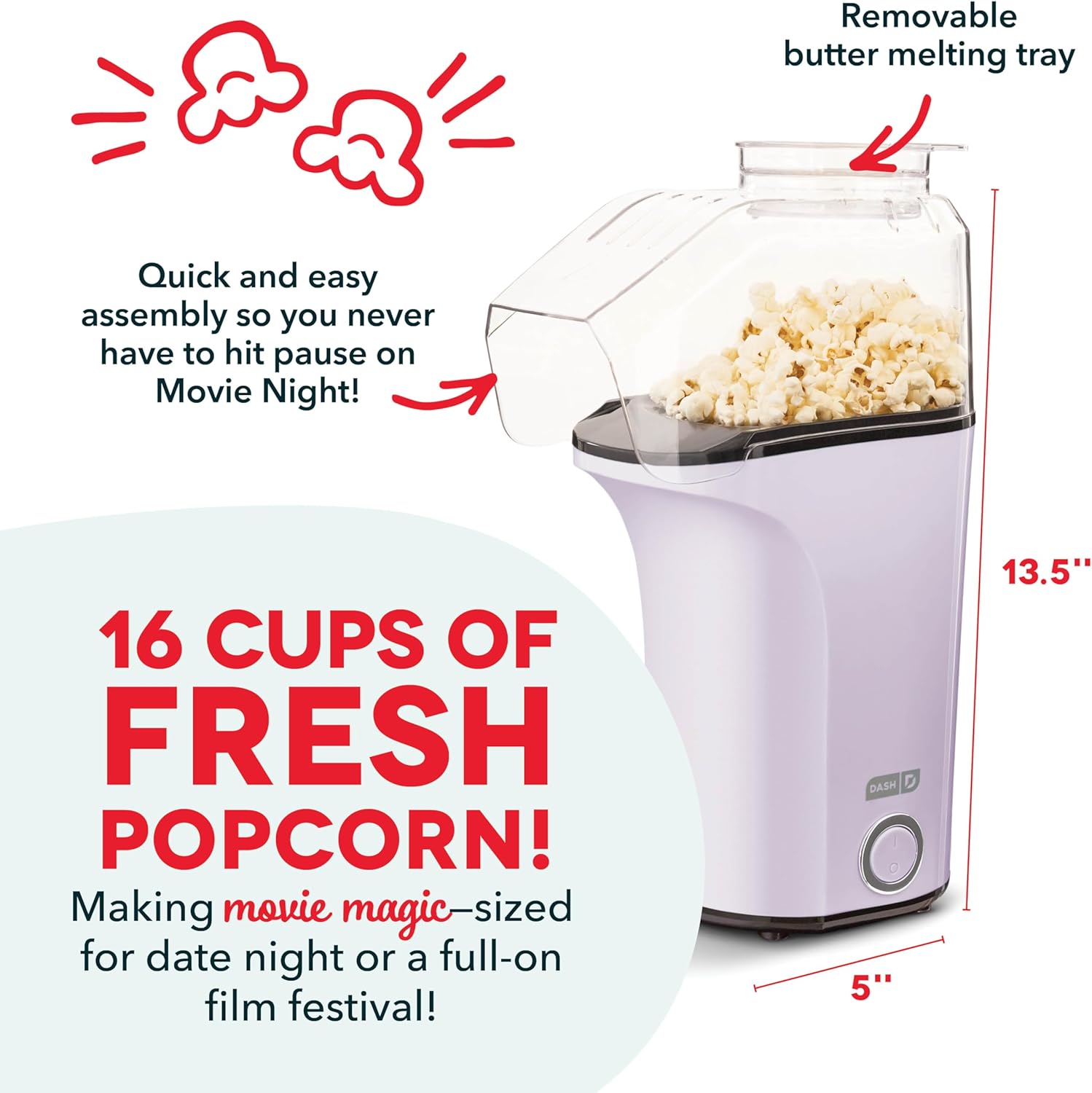 DASH Hot Air Popcorn Popper 16 Cups Measuring Cup Butter Melting Easy Snack