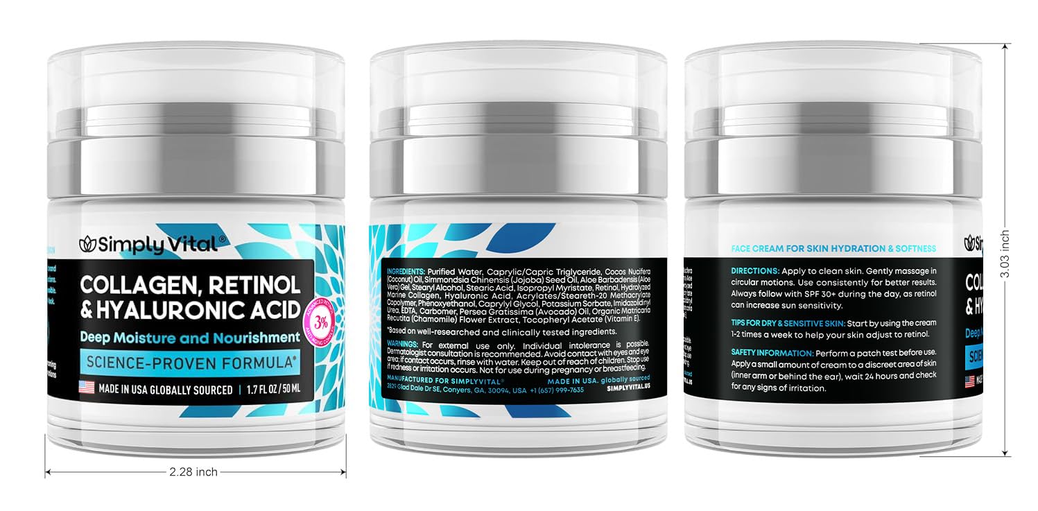 Collagen, Retinol & Hyaluronic Acid Cream - Anti-Aging Face Moisturizer for Face